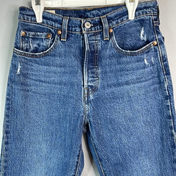 LEVIS 501 Premium High Waisted Button Fly Jeans Blue Medium Wash Distressed 27 - Picture 3 of 13